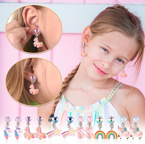 6 Pairs Clip On Drop Earrings, Colorful Non-Pierced Clip On Earrings Resin Rainbow Crown Flower Heart Clip On Earrings Ear Clips for Girls Kids Toddler Dress Up Princess Jewelry Accessories in Saudi Arabia
