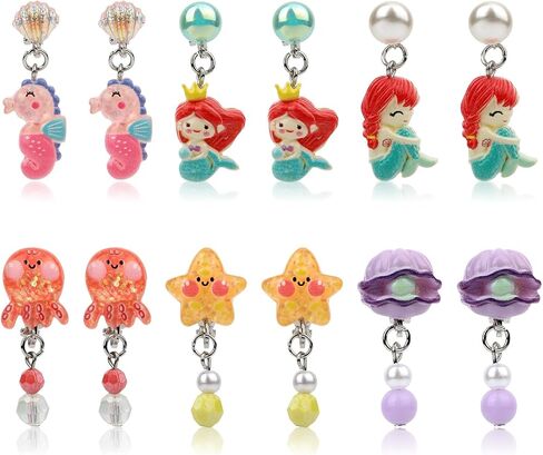 6 Pairs Clip On Drop Earrings, Colorful Non-Pierced Clip On Earrings Resin Rainbow Crown Flower Heart Clip On Earrings Ear Clips for Girls Kids Toddler Dress Up Princess Jewelry Accessories in Saudi Arabia
