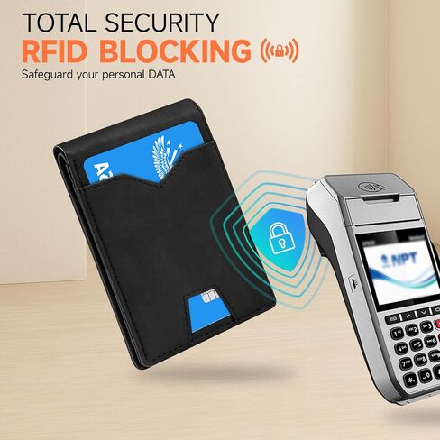محفظة رجالية رفيعة من الجلد بمشبك نقود RFID وجيب أمامي بسيط ومحفظة ثنائية الطي وحامل بطاقات ائتمان رفيعة in Kuwait