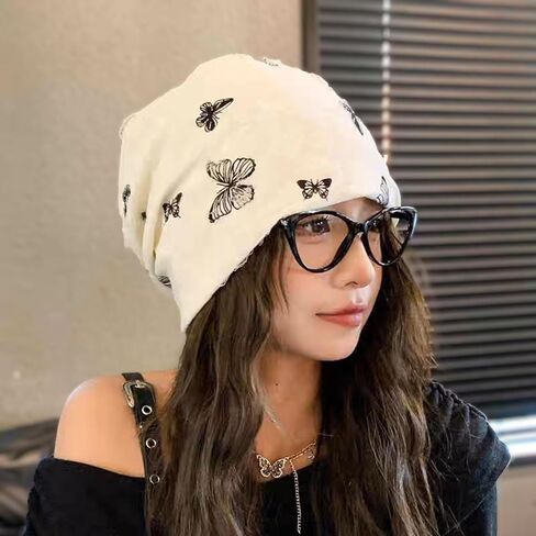Women's Soft Thin Cotton Beanie with Ripped Details & Sparkling Rhinestones, Hipster Knit Hat for Men in Saudi Arabia