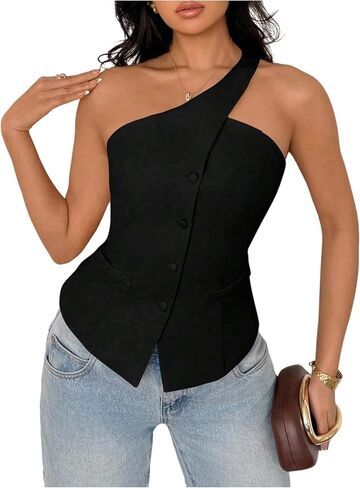 Floerns Women's One Shoulder Sleeveless Suit Vest Blazer Button Down Business Casual Waistcoat in Kuwait