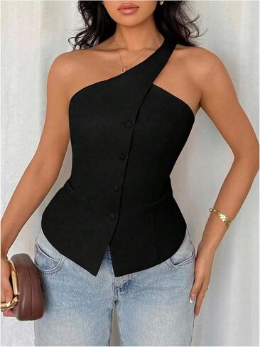 Floerns Women's One Shoulder Sleeveless Suit Vest Blazer Button Down Business Casual Waistcoat in Kuwait
