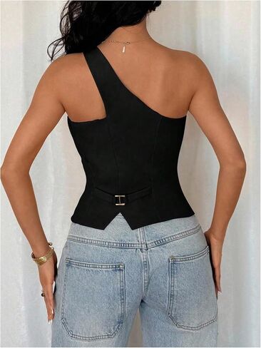 Floerns Women's One Shoulder Sleeveless Suit Vest Blazer Button Down Business Casual Waistcoat in Kuwait