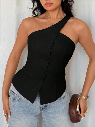 Floerns Women's One Shoulder Sleeveless Suit Vest Blazer Button Down Business Casual Waistcoat in Kuwait