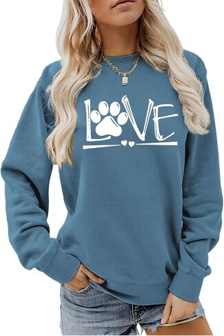 سويت شيرت نسائي برقبة دائرية مطبوع عليه Love Paw، بلوفر كاجوال بأكمام طويلة لمحبي الكلاب in Saudi Arabia