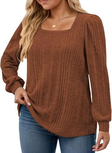 VISLILY Womens-Plus-Size-Long-Sleeve-Tops Cute Square Neck Lightweight Sweaters Casual Loose Fit Shirts Trendy Blouses Tunics in Saudi Arabia
