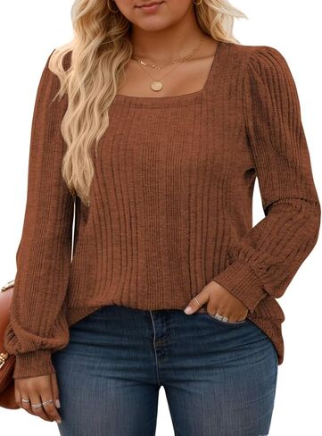 VISLILY Womens-Plus-Size-Long-Sleeve-Tops Cute Square Neck Lightweight Sweaters Casual Loose Fit Shirts Trendy Blouses Tunics in Saudi Arabia