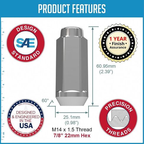 Wheel Accessories Parts 40 Pcs M14x1.5 14x1.5 Thread Bulge Acorn 2.40" Long Lug Nuts Chrome 22mm 7/8" Hex Fits Chevrolet Silverado GMC Sierra 1999+ 2500 3500 Ford 2005+ F250 F350 RAM 2012+ 2500 3500 in Saudi Arabia