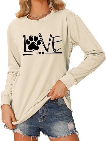 سويت شيرت نسائي برقبة دائرية مطبوع عليه Love Paw، بلوفر كاجوال بأكمام طويلة لمحبي الكلاب in Kuwait