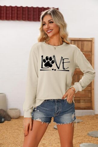 سويت شيرت نسائي برقبة دائرية مطبوع عليه Love Paw، بلوفر كاجوال بأكمام طويلة لمحبي الكلاب in Kuwait