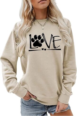 سويت شيرت نسائي برقبة دائرية مطبوع عليه Love Paw، بلوفر كاجوال بأكمام طويلة لمحبي الكلاب in Kuwait
