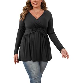 Womens Plus Size Tops Tunic Long Sleeve Wrap V Neck Shirts Empire Waist Tunic Top 1X-4X in Saudi Arabia