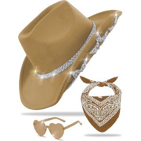Cowboy Hat for Women Men 6 Sparkly Stars Brim & Rhinestone Belt Western Cowgirl Hat with Sunglasses Bandanas in Saudi Arabia