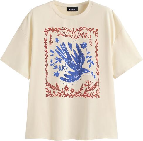 CIDER Graphic Tees for Women Floral Print Crew Neck Oversized T Shirt Short Sleeve Casual Loose Fit Top in Saudi Arabia