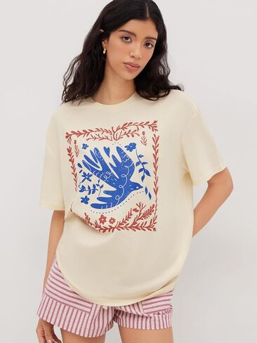 CIDER Graphic Tees for Women Floral Print Crew Neck Oversized T Shirt Short Sleeve Casual Loose Fit Top in Saudi Arabia