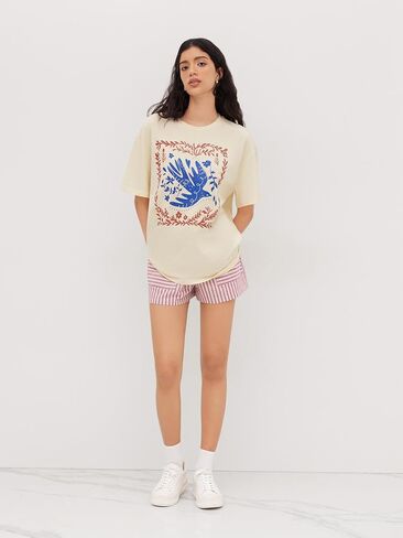 CIDER Graphic Tees for Women Floral Print Crew Neck Oversized T Shirt Short Sleeve Casual Loose Fit Top in Saudi Arabia