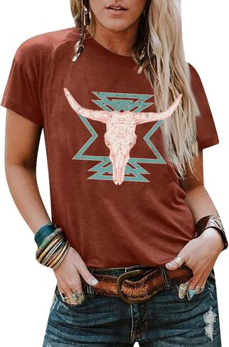 Western Shirts for Women Vintage Cow Skull Graphic Tshirts Casual Cowgirl Short Sleeve Tee Top in Kuwait