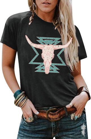 Western Shirts for Women Vintage Cow Skull Graphic Tshirts Casual Cowgirl Short Sleeve Tee Top in Kuwait