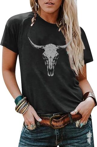 Western Shirts for Women Vintage Cow Skull Graphic Tshirts Casual Cowgirl Short Sleeve Tee Top in Kuwait