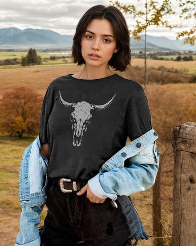 Western Shirts for Women Vintage Cow Skull Graphic Tshirts Casual Cowgirl Short Sleeve Tee Top in Kuwait