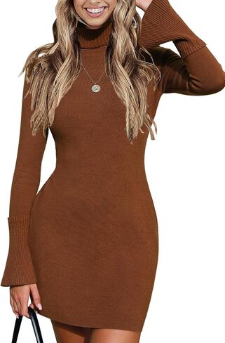 EXLURA Women Sweater Dress Fall Winter Bell Long Sleeve Mini Dresses Turtleneck Pullover Ribbed Knit Stretch Bodycon Dress in Saudi Arabia
