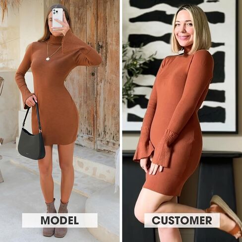 EXLURA Women Sweater Dress Fall Winter Bell Long Sleeve Mini Dresses Turtleneck Pullover Ribbed Knit Stretch Bodycon Dress in Saudi Arabia