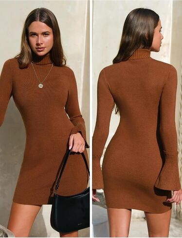 EXLURA Women Sweater Dress Fall Winter Bell Long Sleeve Mini Dresses Turtleneck Pullover Ribbed Knit Stretch Bodycon Dress in Saudi Arabia