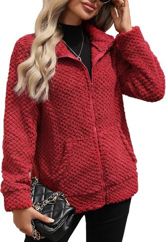 سترة نسائية من الصوف الشيربا بسحاب كامل وياقة واقفة مع جيوب (S-5XL) in Kuwait