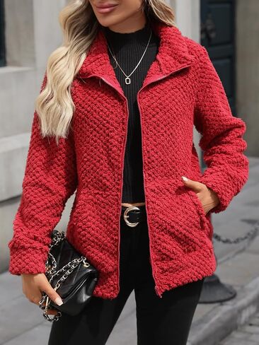 سترة نسائية من الصوف الشيربا بسحاب كامل وياقة واقفة مع جيوب (S-5XL) in Kuwait