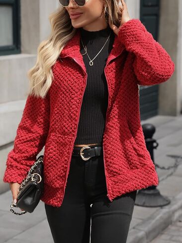 سترة نسائية من الصوف الشيربا بسحاب كامل وياقة واقفة مع جيوب (S-5XL) in Kuwait