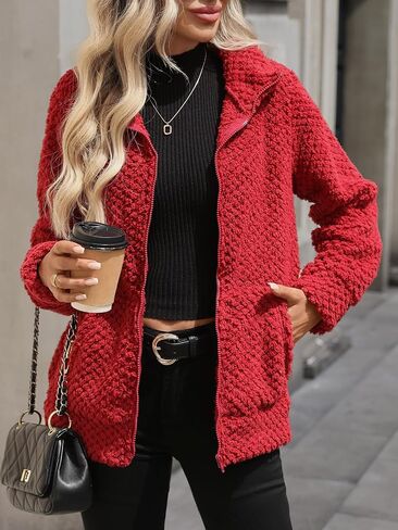 سترة نسائية من الصوف الشيربا بسحاب كامل وياقة واقفة مع جيوب (S-5XL) in Kuwait