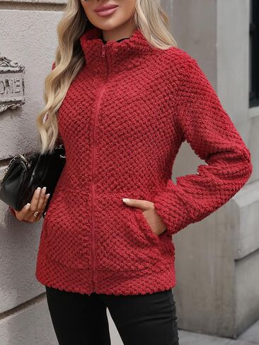 سترة نسائية من الصوف الشيربا بسحاب كامل وياقة واقفة مع جيوب (S-5XL) in Kuwait