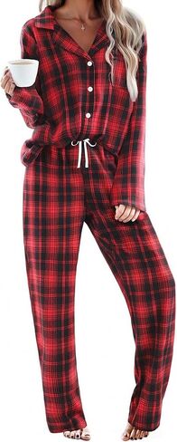 Ekouaer Pajamas Set for Womens 2 Piece Cotton Plaid Loungewear Long Sleeve Sleepwear Soft Button Down Shirts Pjs with Pockets in Saudi Arabia