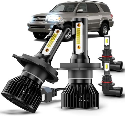 مجموعة لمبات الإضاءة LED Toyota Sequoia 2001-2007، 4 قطع فائقة السطوع 6500K أبيض H4/9003 شعاع عالي منخفض و9005 مصابيح ضباب LED، Ip68، Plug-N-Play، مع مراوح in Kuwait