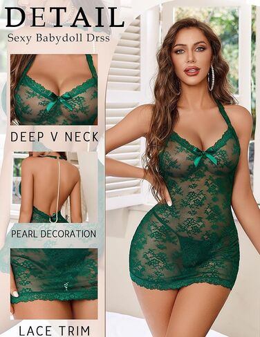 Avidlove Lingerie for Women Sexy Lace Babydoll Pearls Chemise Mesh Lingerie Dress Halter Boudoir Nightwear in Kuwait