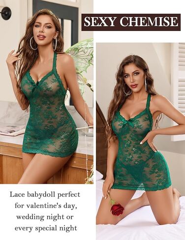 Avidlove Lingerie for Women Sexy Lace Babydoll Pearls Chemise Mesh Lingerie Dress Halter Boudoir Nightwear in Kuwait