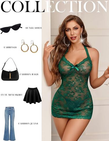 Avidlove Lingerie for Women Sexy Lace Babydoll Pearls Chemise Mesh Lingerie Dress Halter Boudoir Nightwear in Kuwait