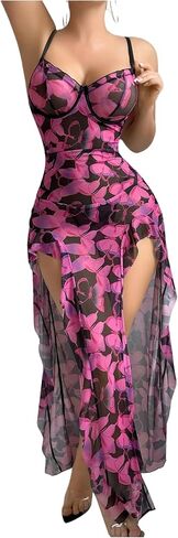 Verdusa Women's 2 قطعة Lingerie Lingerie مجموعة الفخذ كشكش فتحة Maxi Chemise Lightgowns مع ثونغ in Saudi Arabia