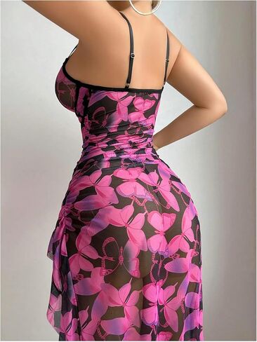 Verdusa Women's 2 قطعة Lingerie Lingerie مجموعة الفخذ كشكش فتحة Maxi Chemise Lightgowns مع ثونغ in Saudi Arabia