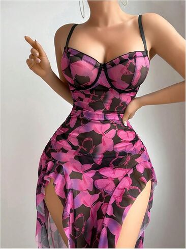 Verdusa Women's 2 قطعة Lingerie Lingerie مجموعة الفخذ كشكش فتحة Maxi Chemise Lightgowns مع ثونغ in Saudi Arabia
