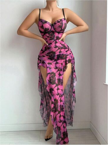 Verdusa Women's 2 قطعة Lingerie Lingerie مجموعة الفخذ كشكش فتحة Maxi Chemise Lightgowns مع ثونغ in Saudi Arabia