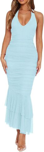 المرأة مثير الخامس الرقبة التعادل الرسن شبكة كشكش تنحنح Ruched Bodycon كوكتيل حزب فساتين ماكسي in Kuwait