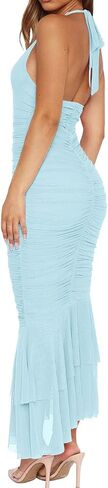 المرأة مثير الخامس الرقبة التعادل الرسن شبكة كشكش تنحنح Ruched Bodycon كوكتيل حزب فساتين ماكسي in Kuwait