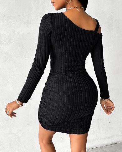 Womens Chain Decor Cold Shoulder Ribbed Bodycon Dress Long Sleeve Casual Elegant Sexy Party Office Short Dress in Saudi Arabia