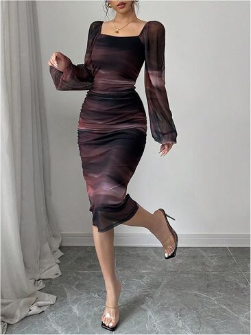 Floerns Women's Tie Dye Lantern Sleeve Bodycon Dresses Square Neck Night Out Midi Dress in Saudi Arabia