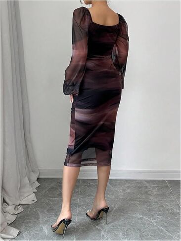 Floerns Women's Tie Dye Lantern Sleeve Bodycon Dresses Square Neck Night Out Midi Dress in Saudi Arabia