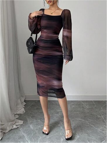 Floerns Women's Tie Dye Lantern Sleeve Bodycon Dresses Square Neck Night Out Midi Dress in Saudi Arabia