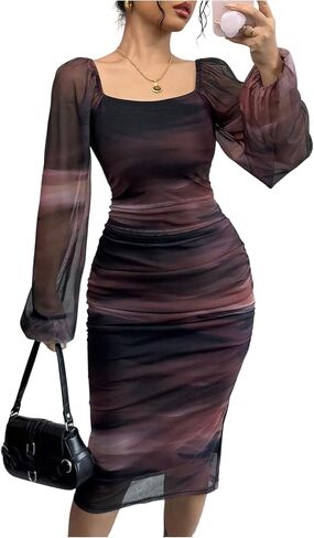 Floerns Women's Tie Dye Lantern Sleeve Bodycon Dresses Square Neck Night Out Midi Dress in Saudi Arabia
