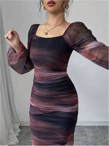 Floerns Women's Tie Dye Lantern Sleeve Bodycon Dresses Square Neck Night Out Midi Dress in Saudi Arabia