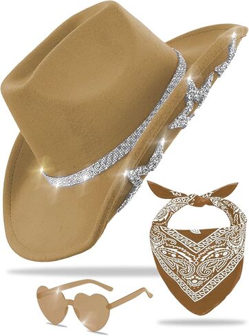 Cowboy Hat for Women Men 6 Sparkly Stars Brim & Rhinestone Belt Western Cowgirl Hat with Sunglasses Bandanas in Kuwait